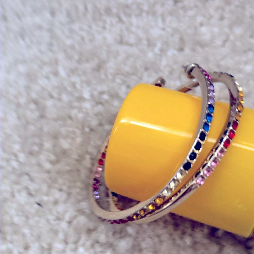 Oversized Very Large Jumbo Hoop Earrings With A Rainbow of Colored Stones NWOT - Picture 3 of 6